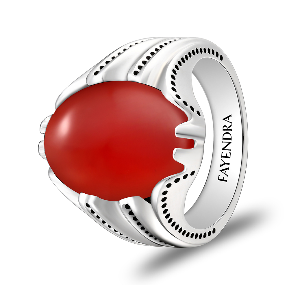 Sterling Silver 925 Ring Rhodium Plated Embedded With RED AGATE