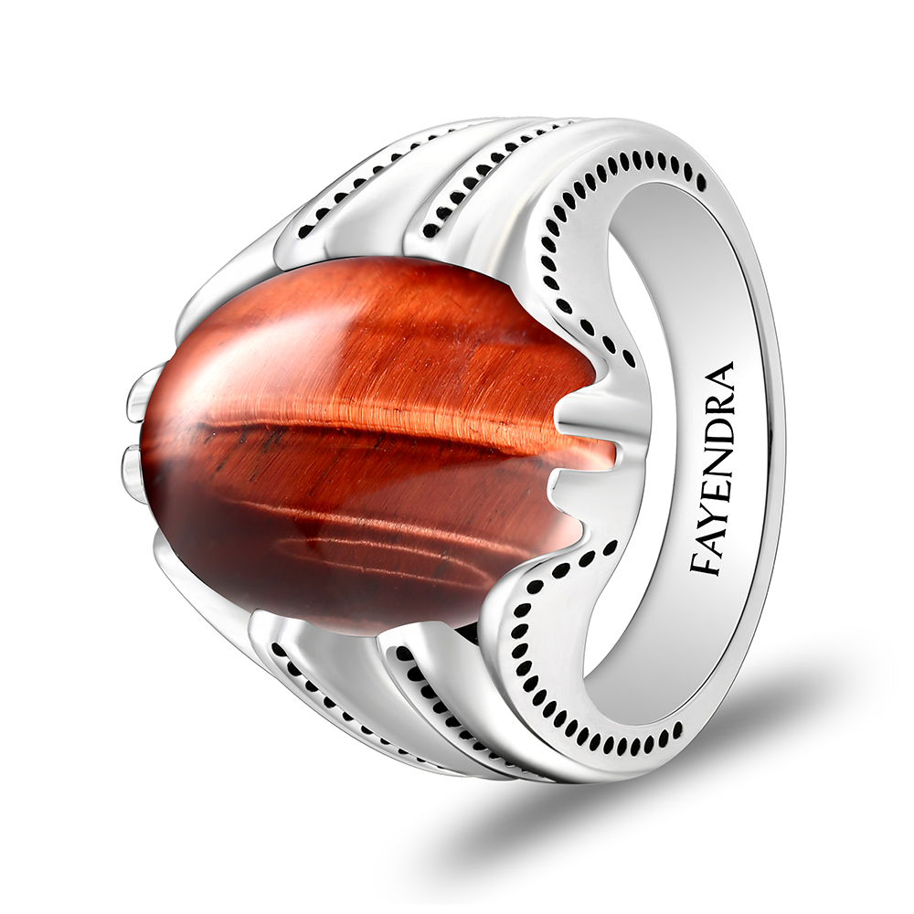 Sterling Silver 925 Ring Rhodium Plated Embedded With RED TIGER EYE