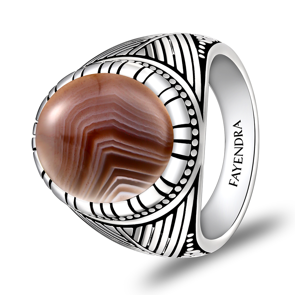 Sterling Silver 925 Ring Rhodium Plated Embedded With BOTSWANA AGATE