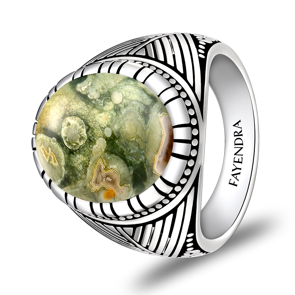 Sterling Silver 925 Ring Rhodium Plated Embedded With RHYOLITE