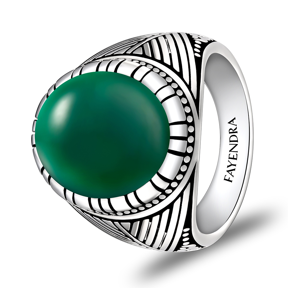 Sterling Silver 925 Ring Rhodium Plated Embedded With GREEN AGATE