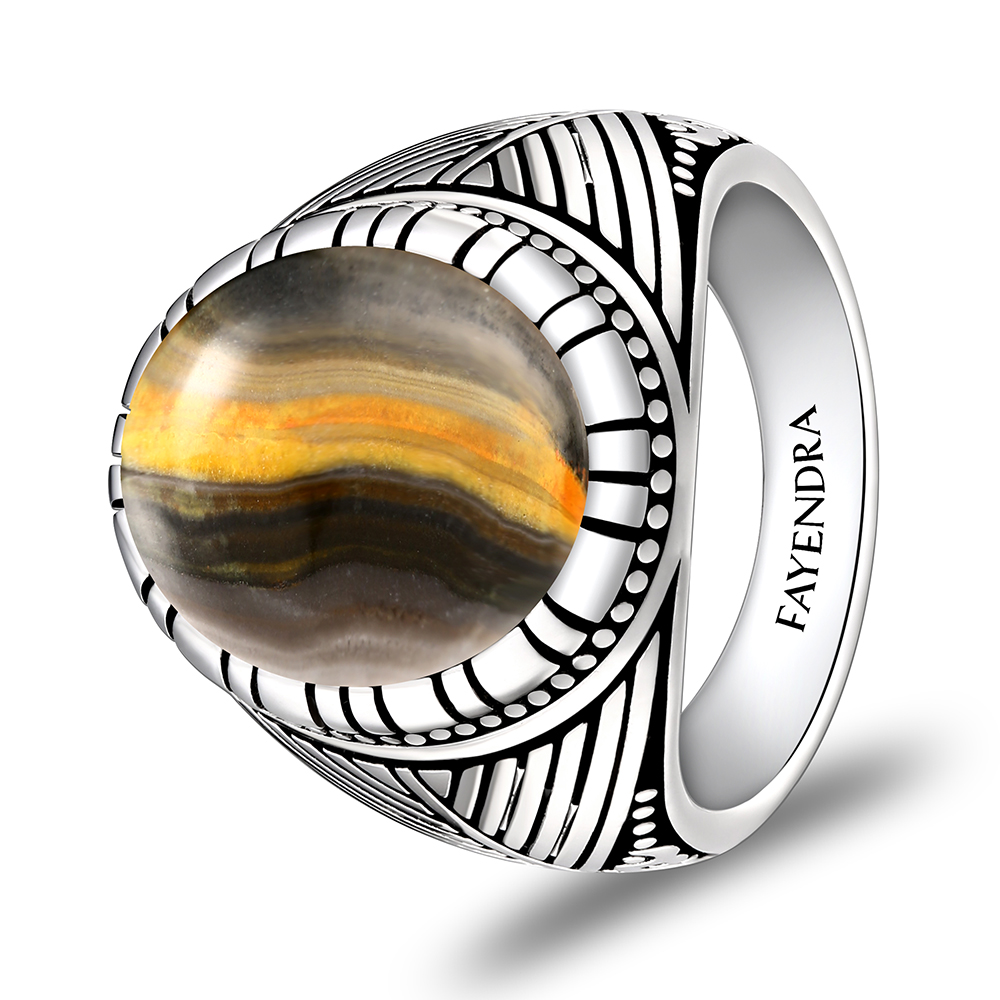 Sterling Silver 925 Ring Rhodium Plated Embedded With YELLOW TIGER EYE