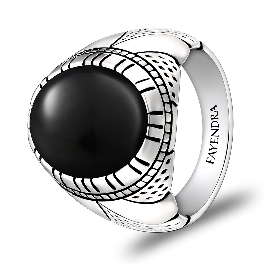 Sterling Silver 925 Ring Rhodium Plated Embedded With Black Agate