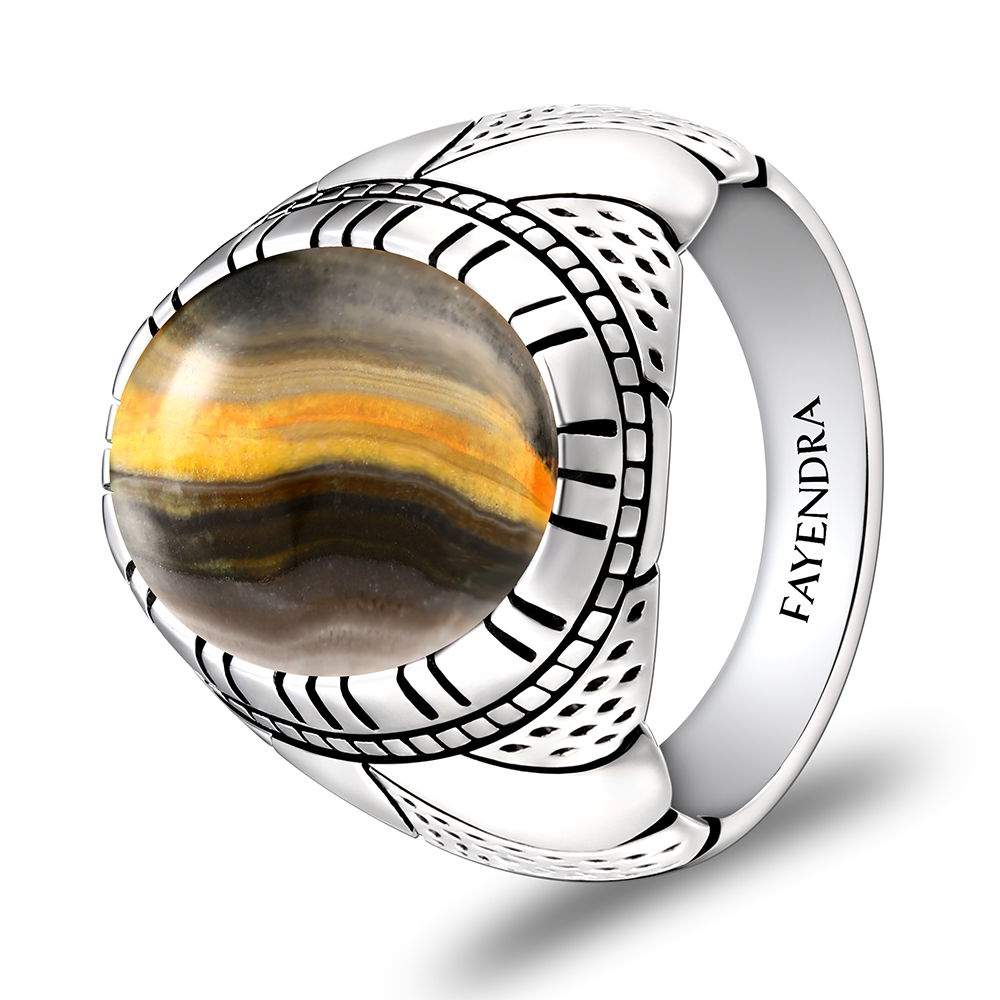 Sterling Silver 925 Ring Rhodium Plated Embedded With YELLOW TIGER EYE