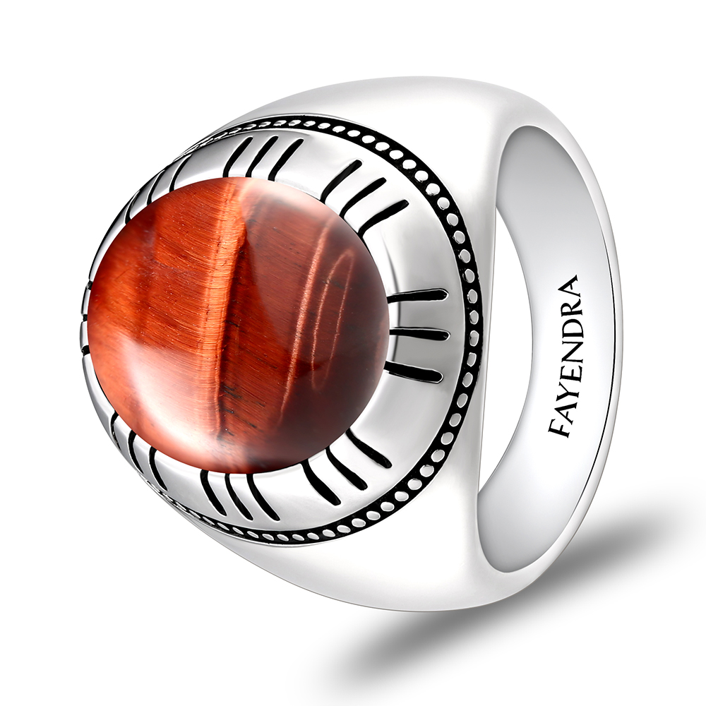 Sterling Silver 925 Ring Rhodium Plated Embedded With RED TIGER EYE