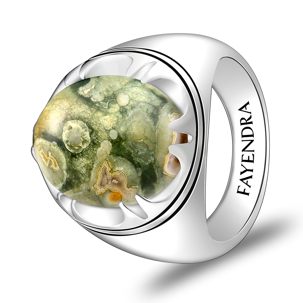 Sterling Silver 925 Ring Rhodium Plated Embedded With RHYOLITE