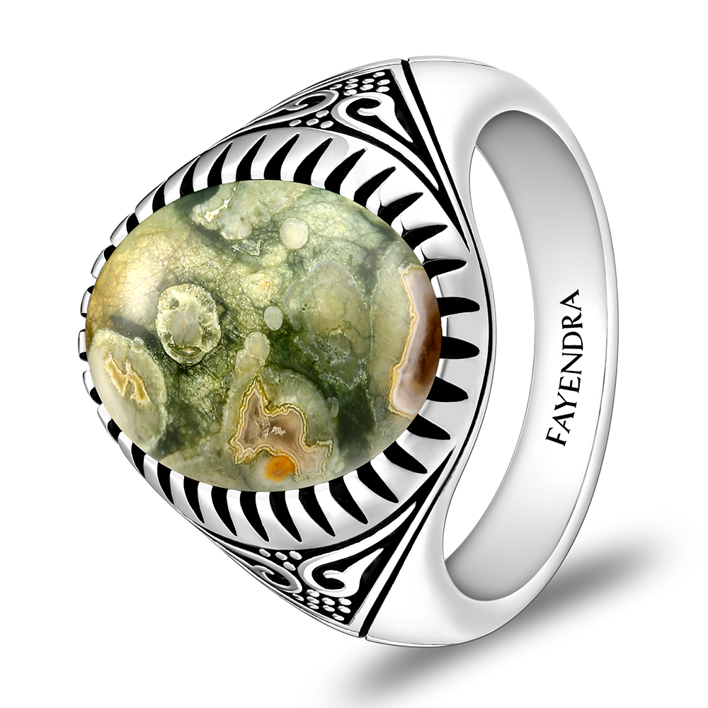 Sterling Silver 925 Ring Rhodium Plated Embedded With RHYOLITE
