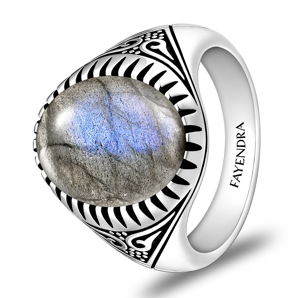 Sterling Silver 925 Ring Rhodium Plated Embedded With LABRADORITE