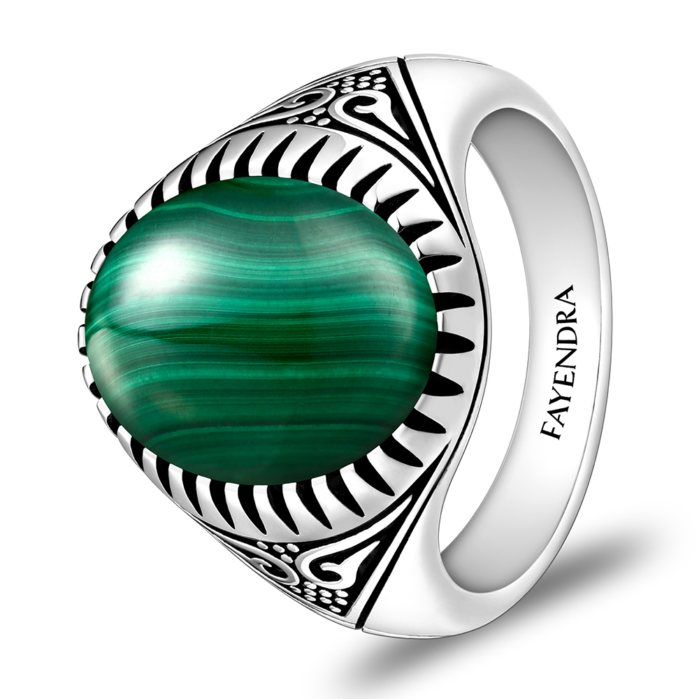 Sterling Silver 925 Ring Rhodium Plated Embedded With Malachite