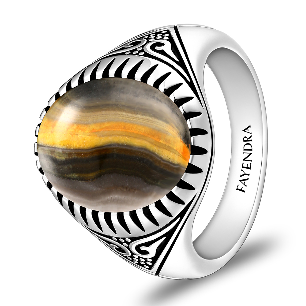 Sterling Silver 925 Ring Rhodium Plated Embedded With YELLOW TIGER EYE