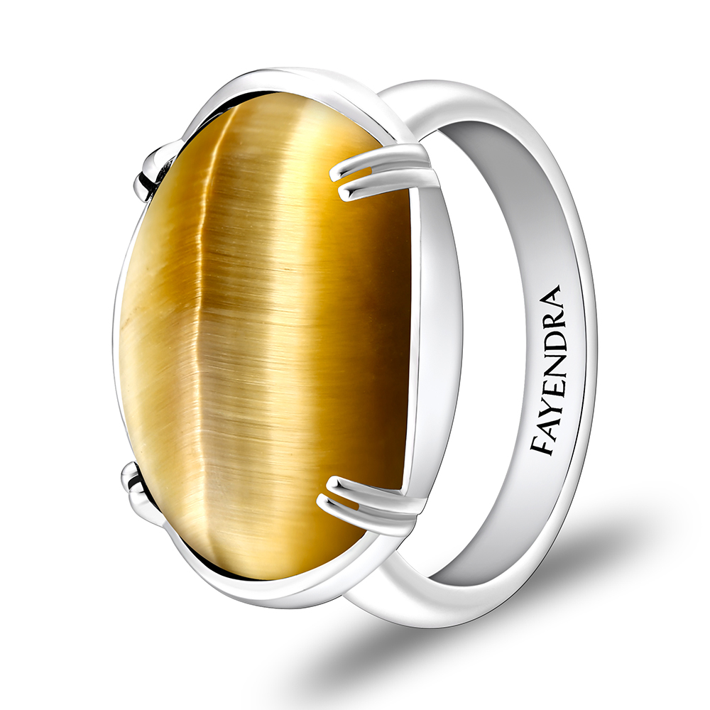 Sterling Silver 925 Ring Rhodium Plated Embedded With GOLD TIGER EYE