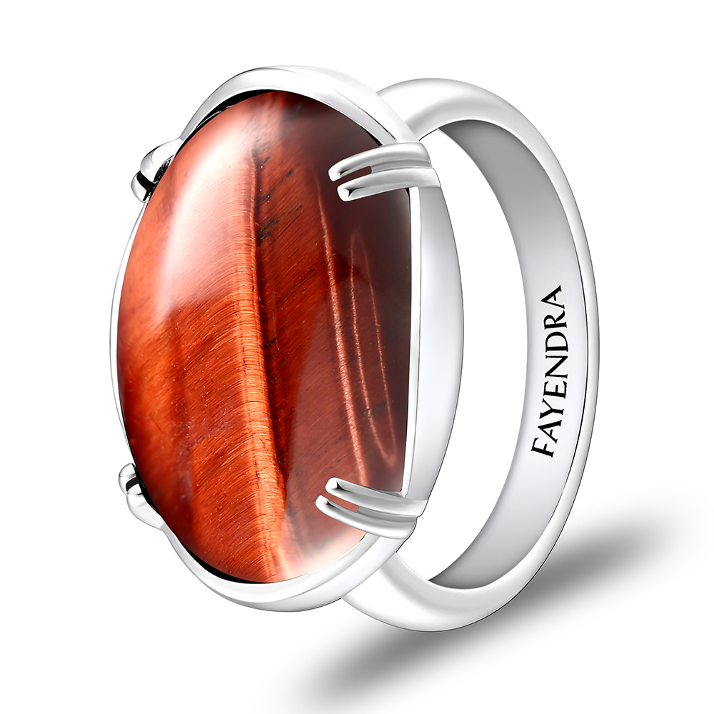 Sterling Silver 925 Ring Rhodium Plated Embedded With RED TIGER EYE