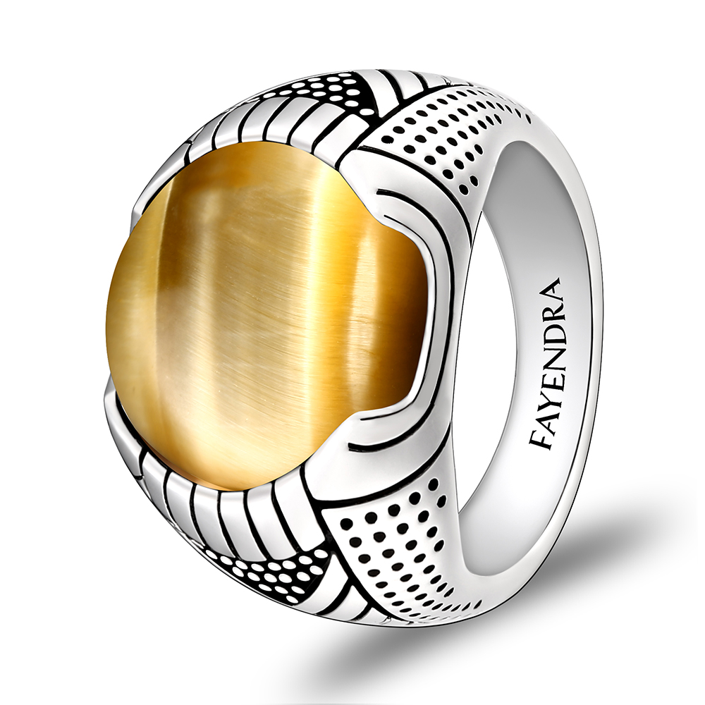 Sterling Silver 925 Ring Rhodium Plated Embedded With GOLD TIGER EYE