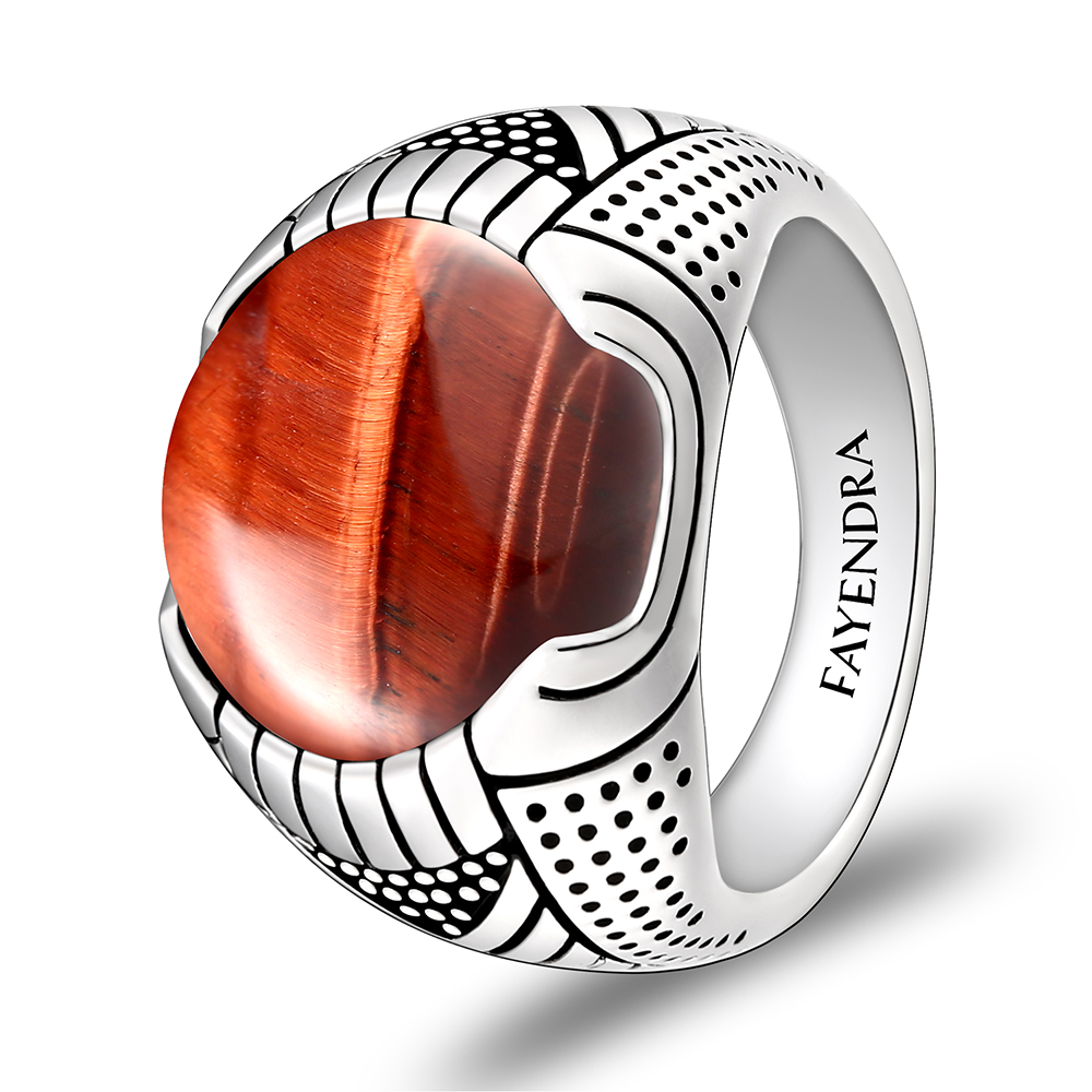 Sterling Silver 925 Ring Rhodium Plated Embedded With RED TIGER EYE