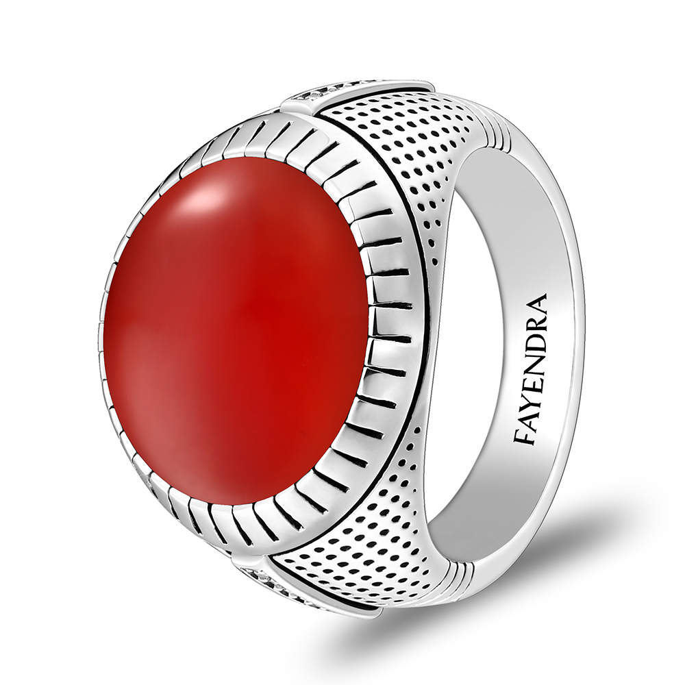 Sterling Silver 925 Ring Rhodium Plated Embedded With Red AGATE And White CZ