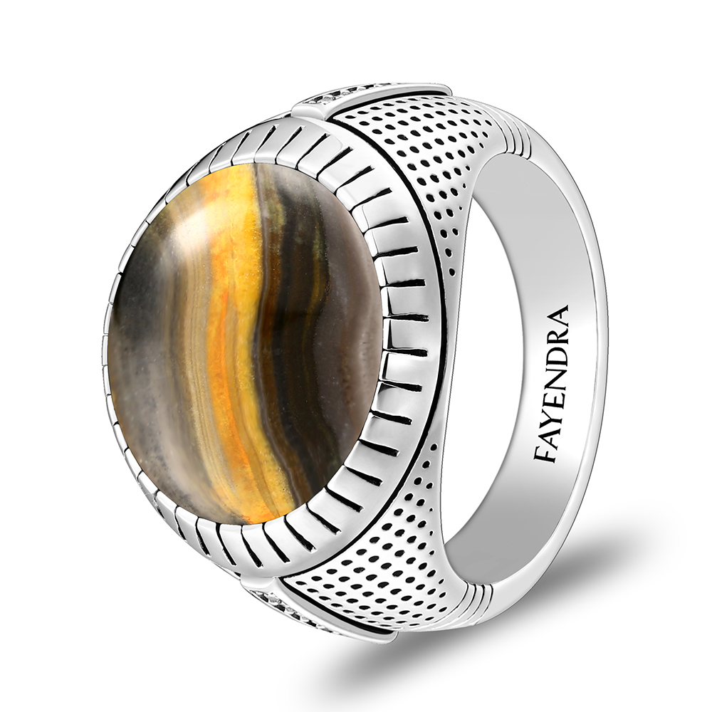 Sterling Silver 925 Ring Rhodium Plated Embedded With YELLOW TIGER EYE And White CZ