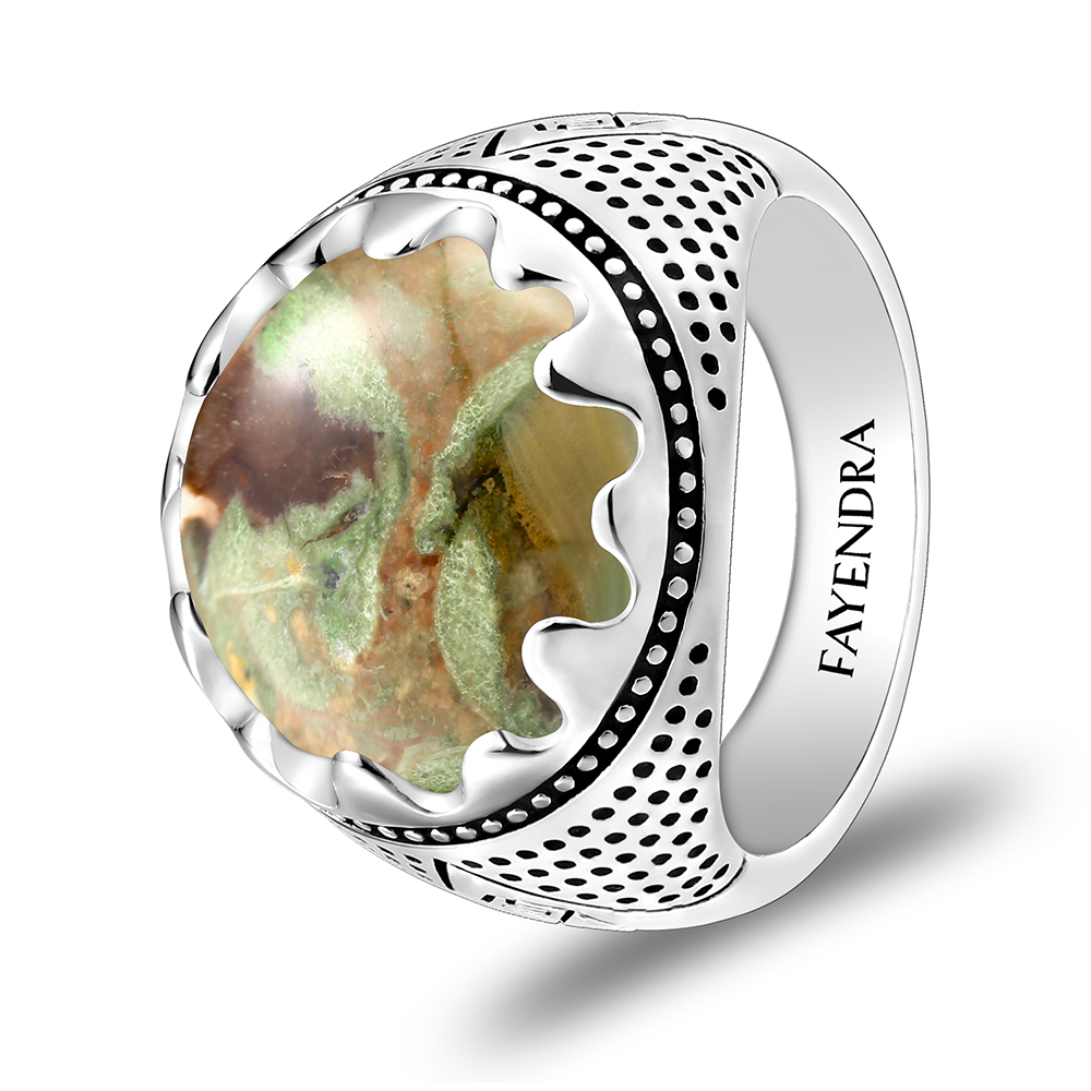 Sterling Silver 925 Ring Rhodium Plated Embedded With Royolite