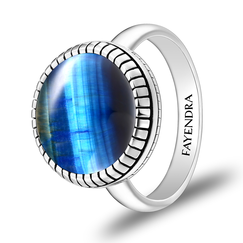 Sterling Silver 925 Ring Rhodium Plated Embedded With BLUE TIGER EYE