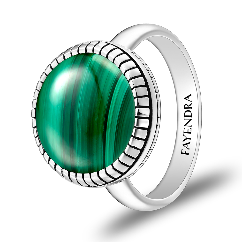 Sterling Silver 925 Ring Rhodium Plated Embedded With Malachite