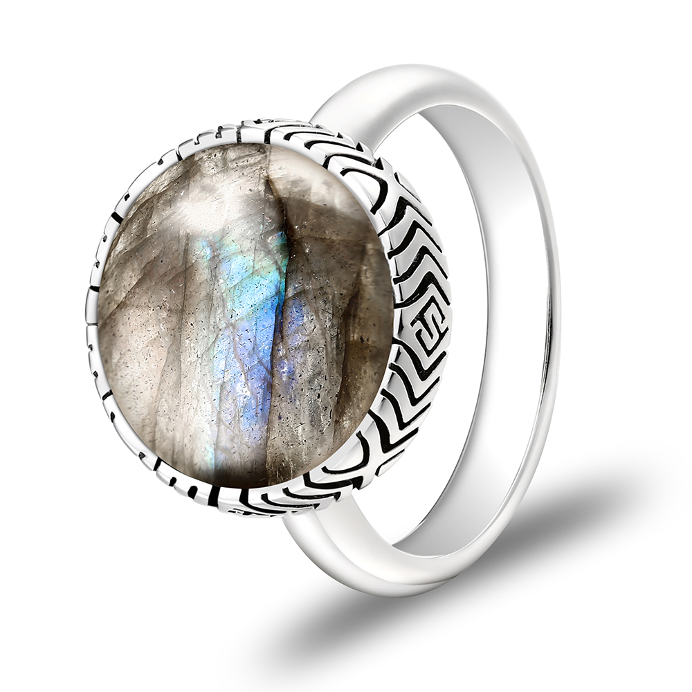 Sterling Silver 925 Ring Rhodium Plated Embedded With LABRADORITE