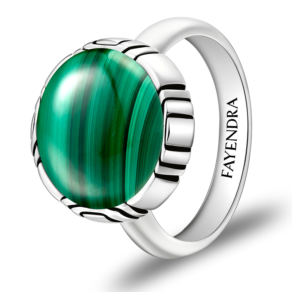 Sterling Silver 925 Ring Rhodium Plated Embedded With Malachite