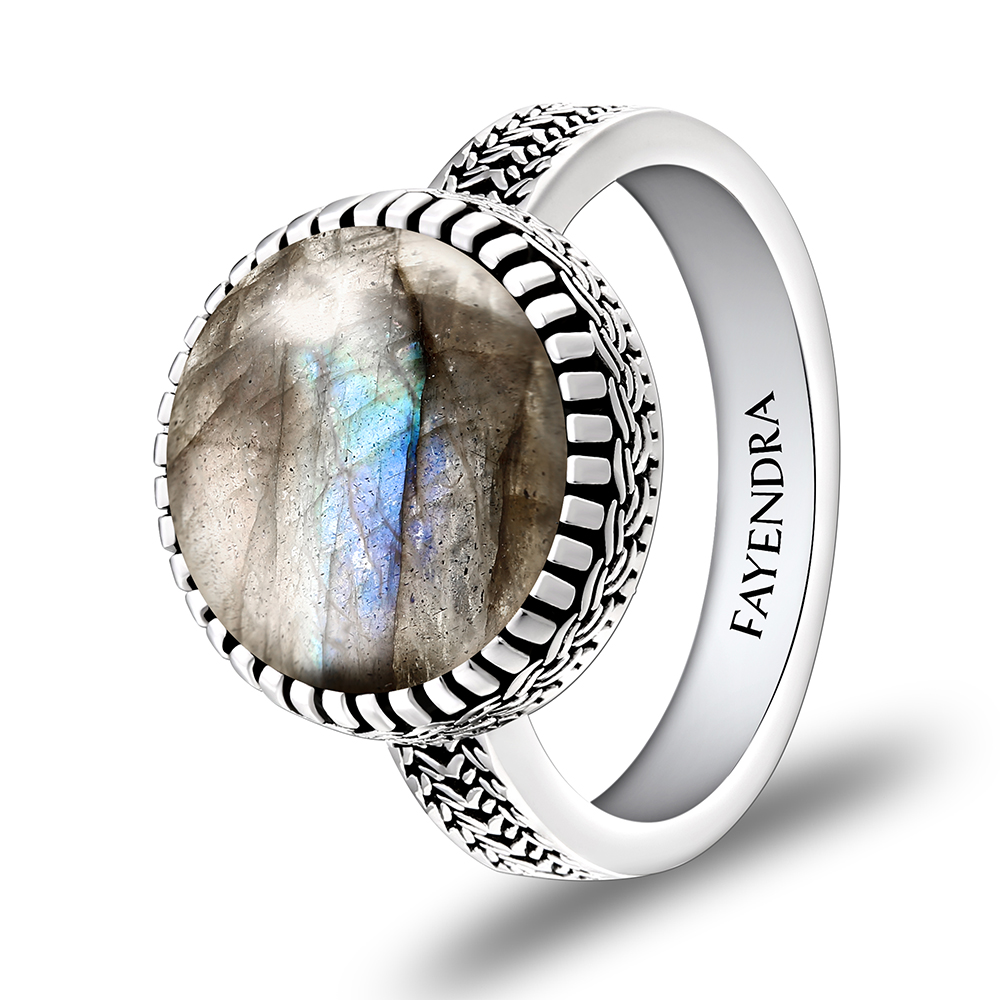 Sterling Silver 925 Ring Rhodium Plated Embedded With LABRADORITE