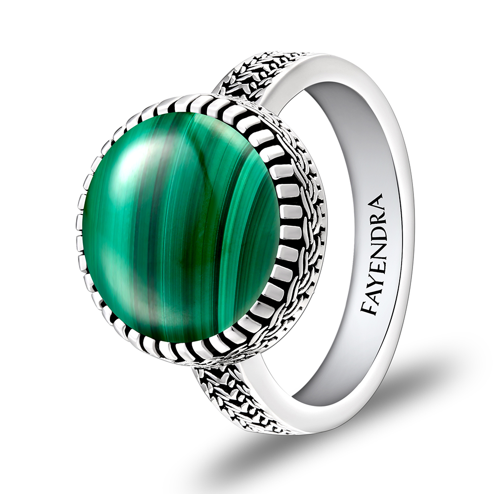 Sterling Silver 925 Ring Rhodium Plated Embedded With Malachite