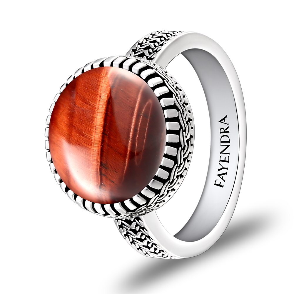 Sterling Silver 925 Ring Rhodium Plated Embedded With RED TIGER EYE