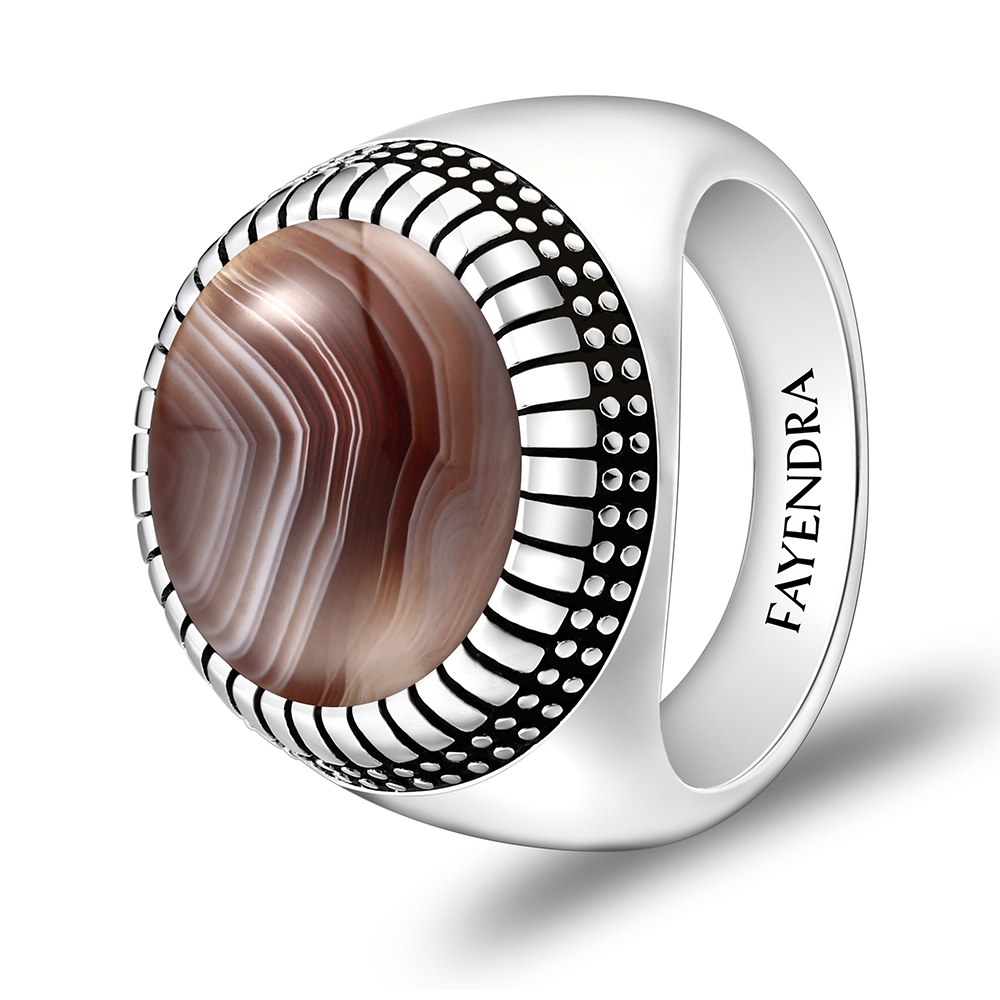 Sterling Silver 925 Ring Rhodium Plated Embedded With BOTSWANA AGATE