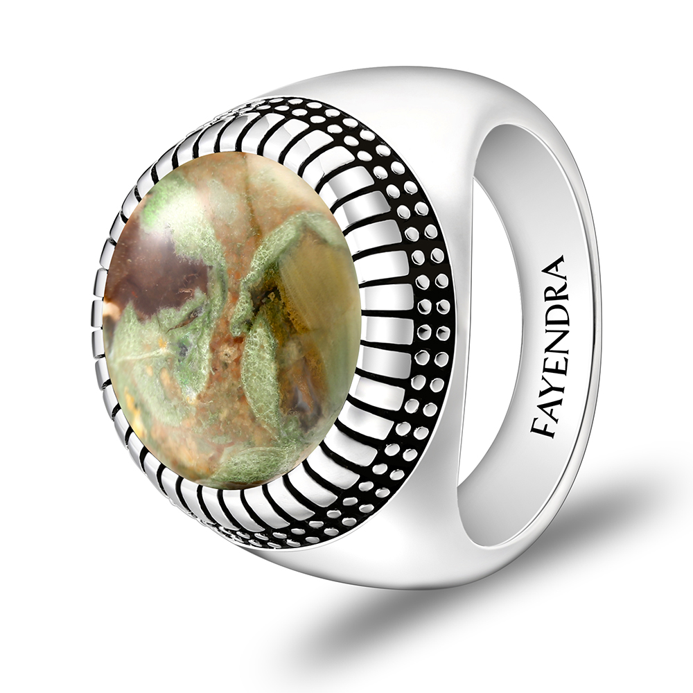 Sterling Silver 925 Ring Rhodium Plated Embedded With RHYOLITE