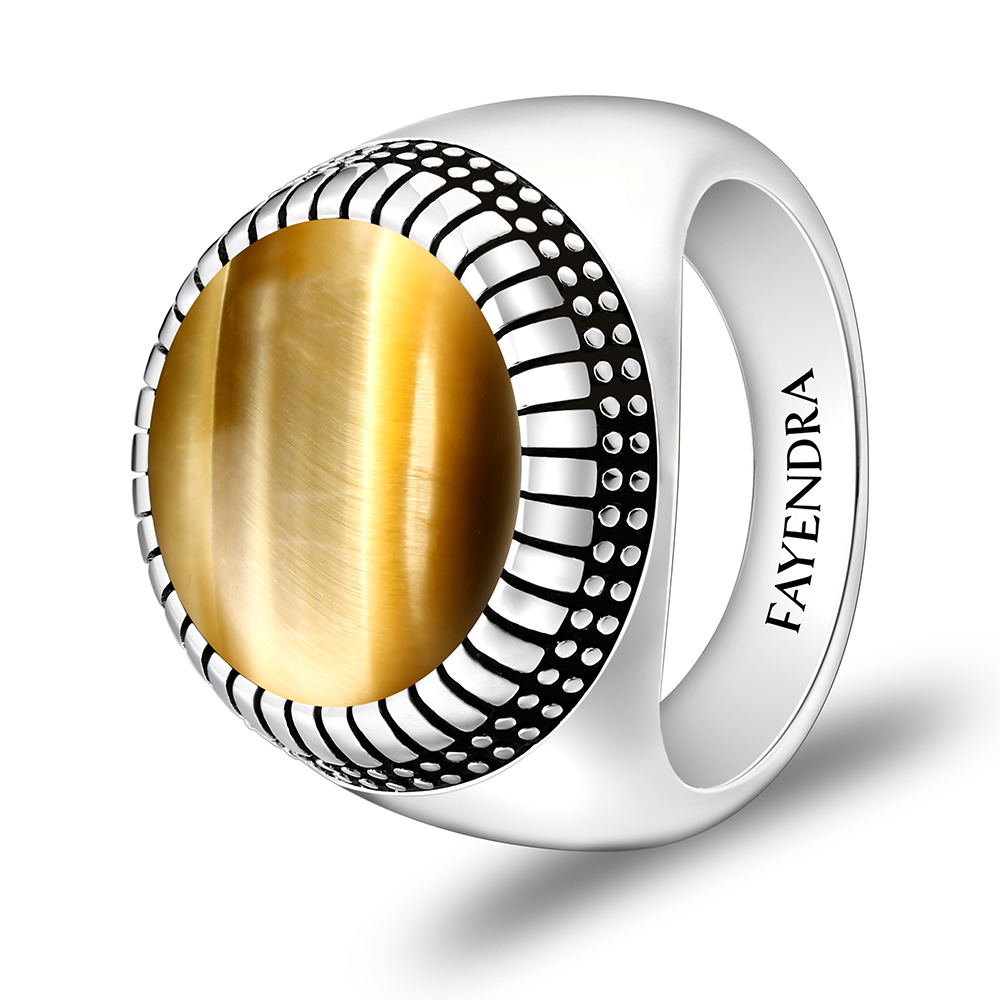 Sterling Silver 925 Ring Rhodium Plated Embedded With GOLD TIGER EYE