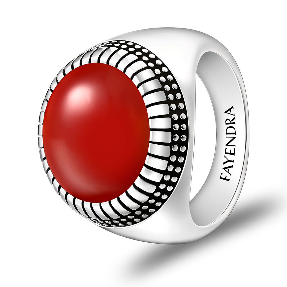 Sterling Silver 925 Ring Rhodium Plated Embedded With Red AGATE