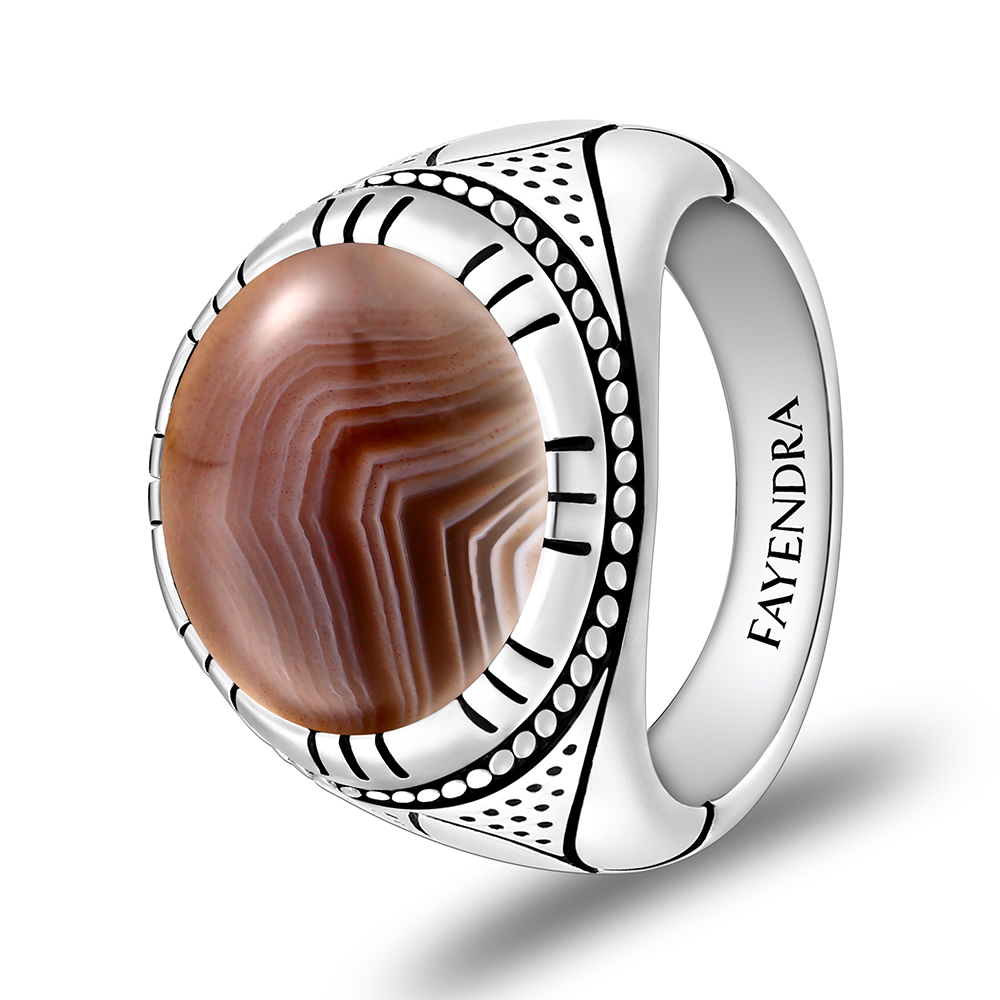 Sterling Silver 925 Ring Rhodium Plated Embedded With BOTSWANA AGATE