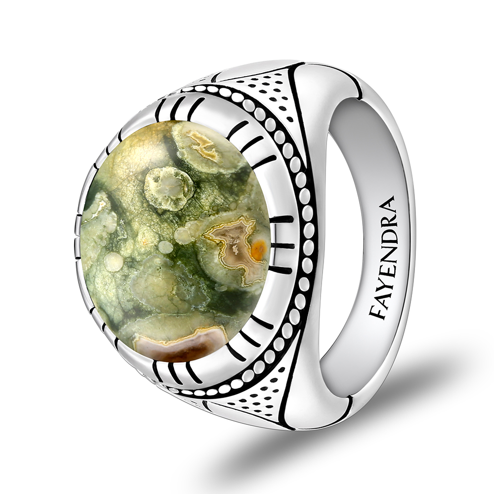 Sterling Silver 925 Ring Rhodium Plated Embedded With RHYOLITE