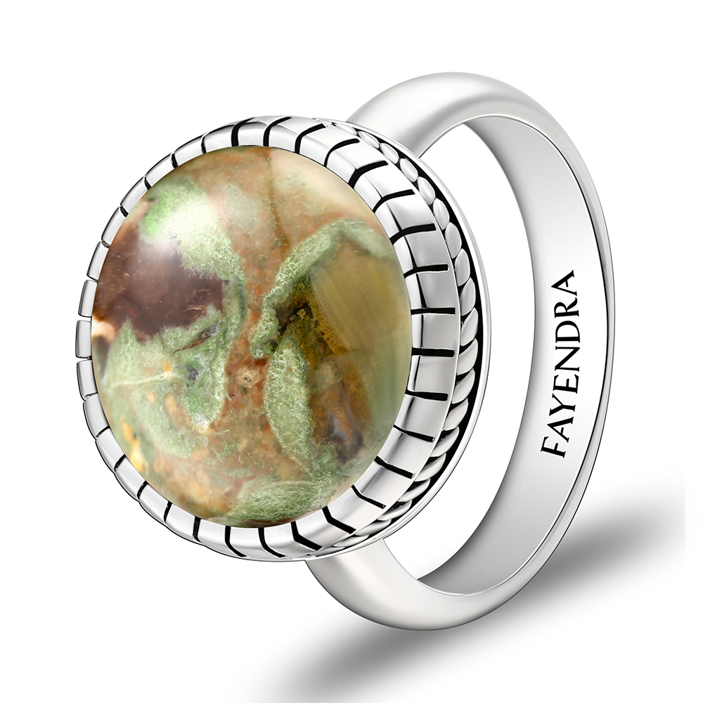 Sterling Silver 925 Ring Rhodium Plated Embedded With RHYOLITE