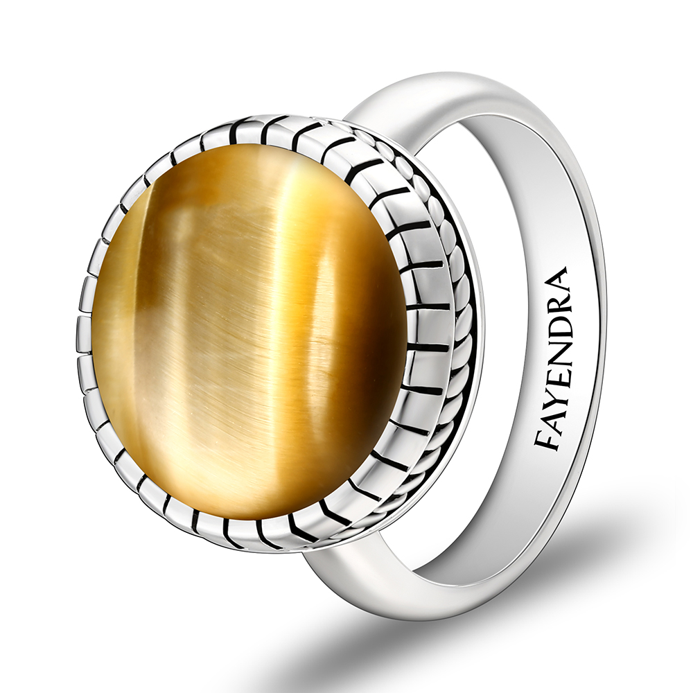 Sterling Silver 925 Ring Rhodium Plated Embedded With GOLD TIGER EYE