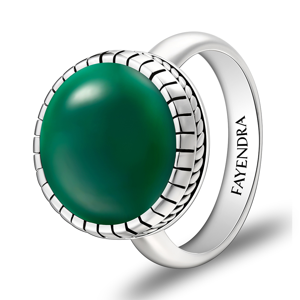 Sterling Silver 925 Ring Rhodium Plated Embedded With GREEN AGATE