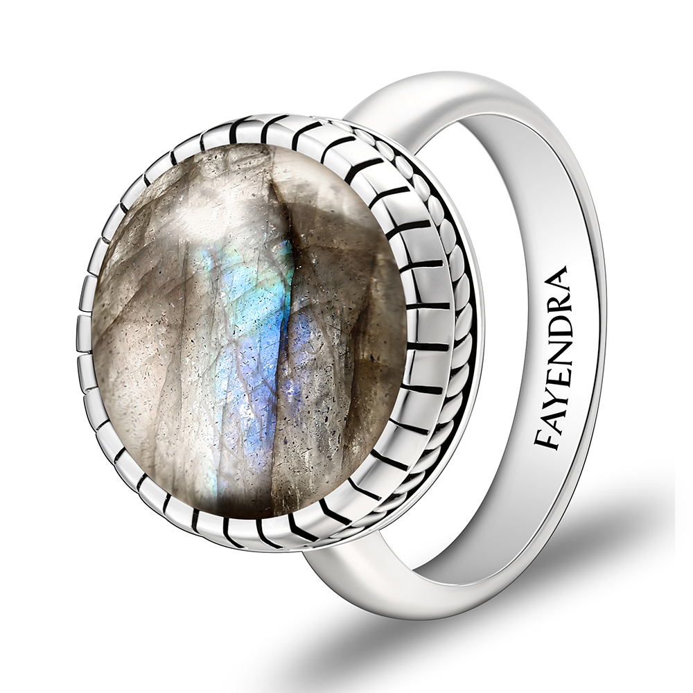 Sterling Silver 925 Ring Rhodium Plated Embedded With LABRADORITE