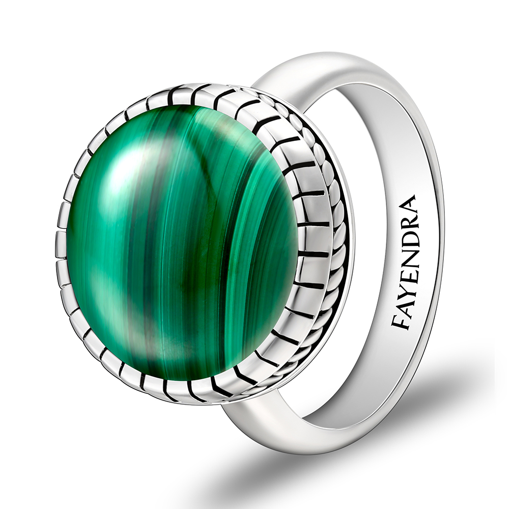 Sterling Silver 925 Ring Rhodium Plated Embedded With Malachite