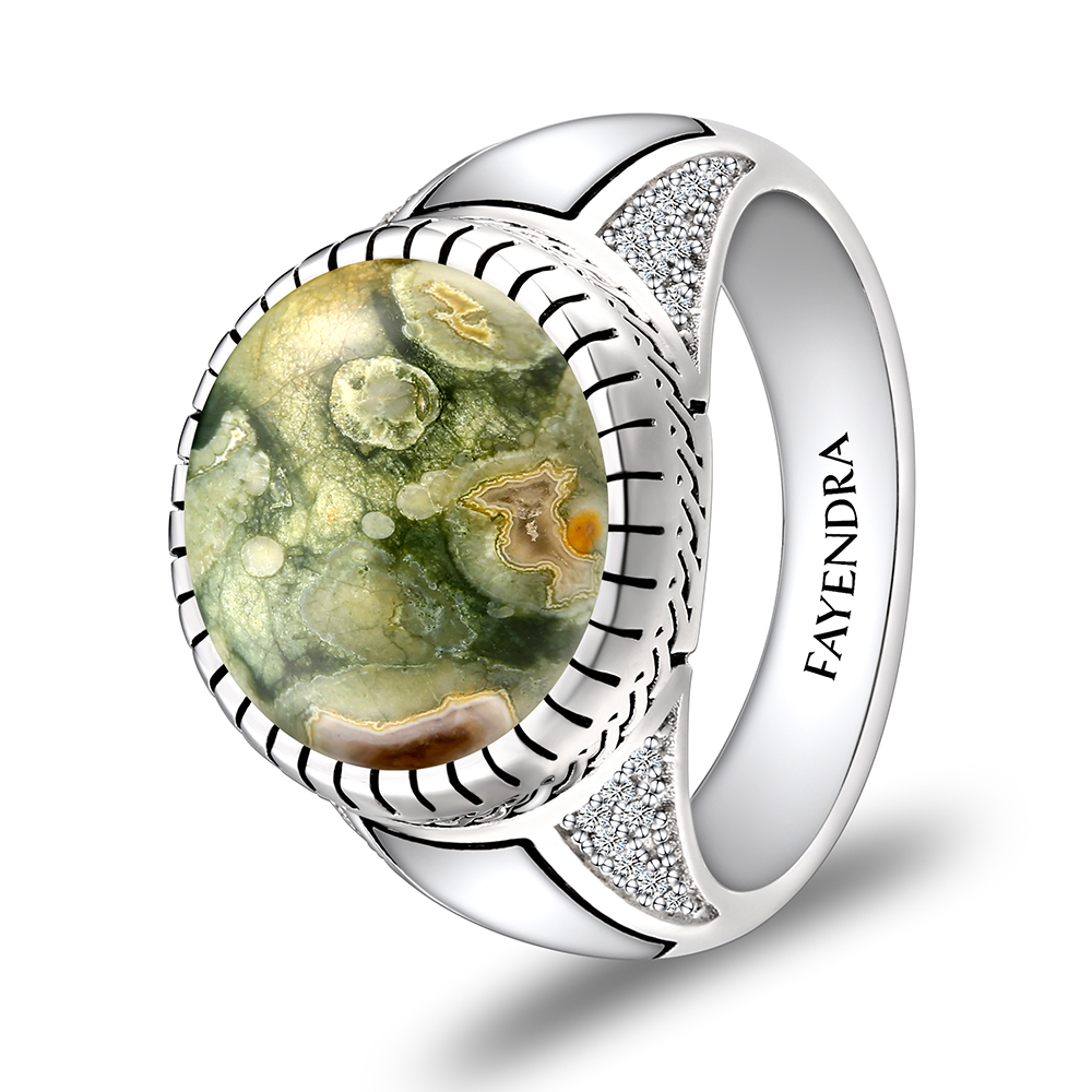Sterling Silver 925 Ring Rhodium Plated Embedded With RHYOLITE And White CZ