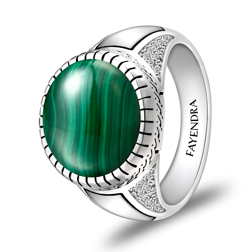 Sterling Silver 925 Ring Rhodium Plated Embedded With Malachite And White CZ