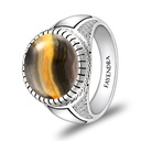 Sterling Silver 925 Ring Rhodium Plated Embedded With YELLOW TIGER EYE And White CZ