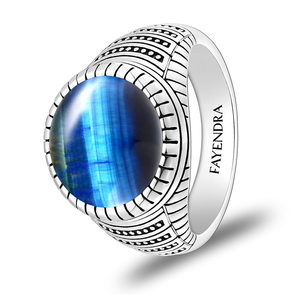 Sterling Silver 925 Ring Rhodium Plated Embedded With BLUE TIGER EYE