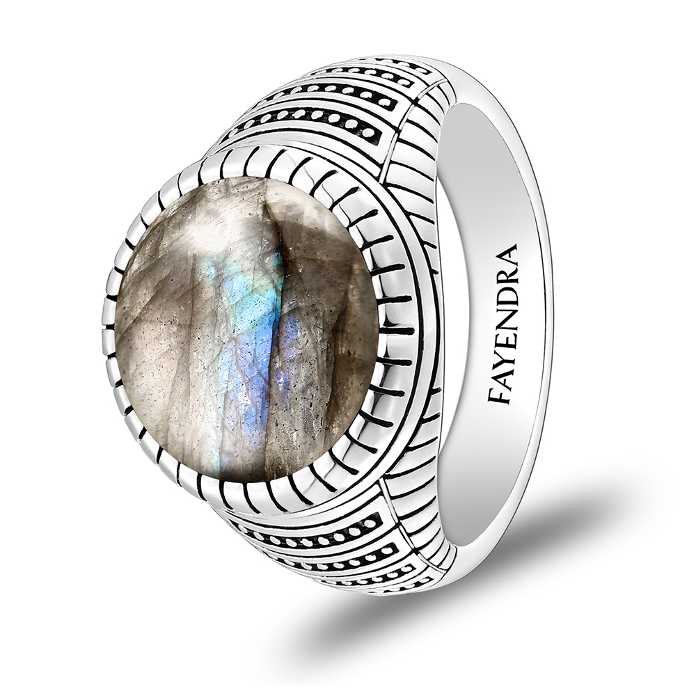 Sterling Silver 925 Ring Rhodium Plated Embedded With LABRADORITE