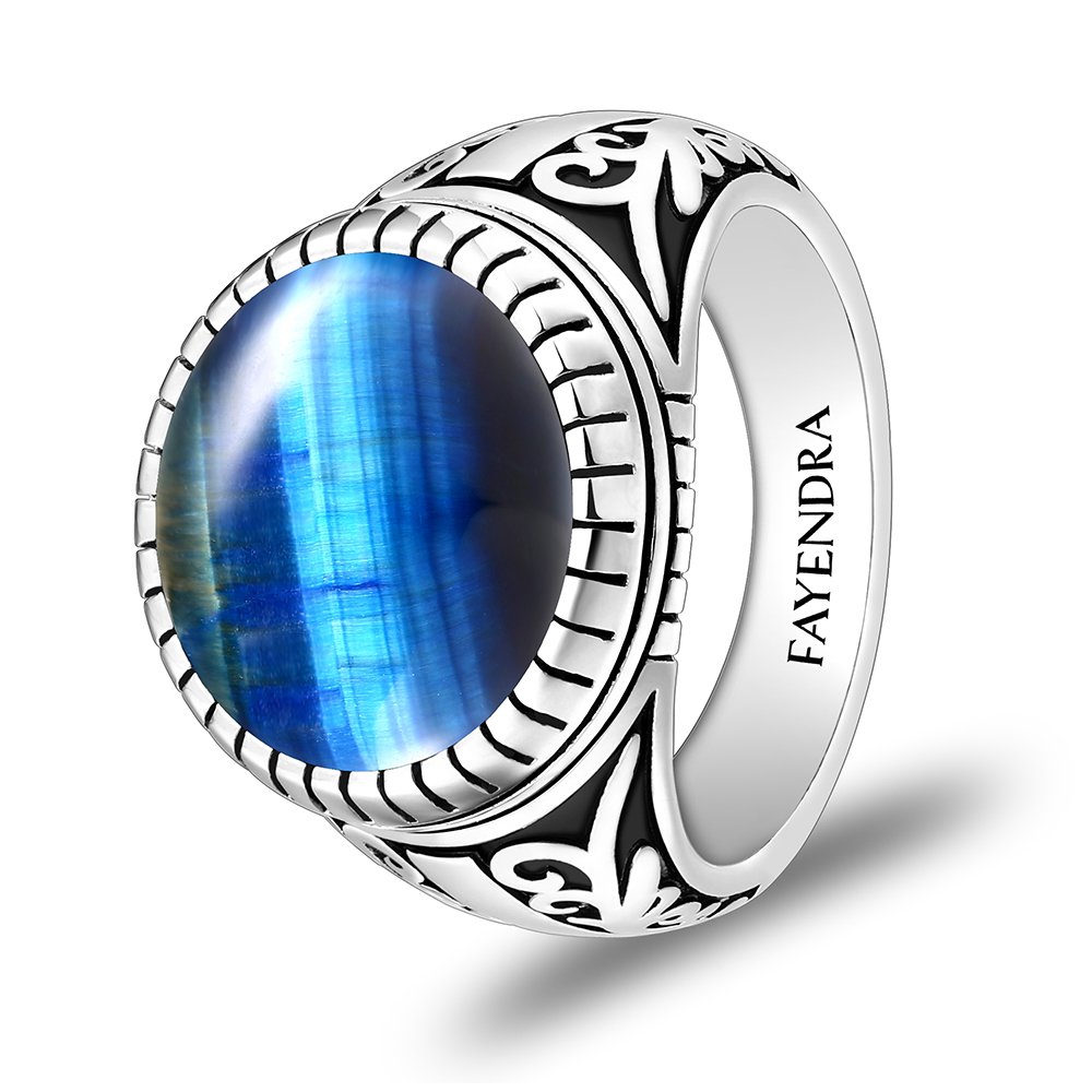 Sterling Silver 925 Ring Rhodium Plated Embedded With BLUE TIGER EYE