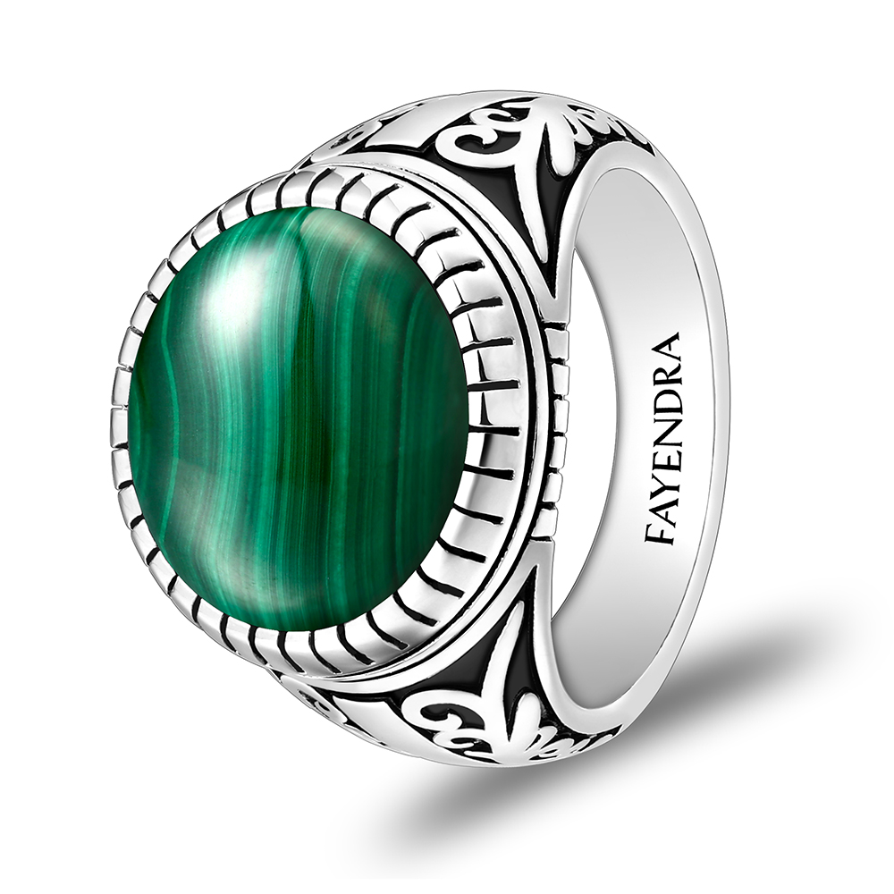 Sterling Silver 925 Ring Rhodium Plated Embedded With Malachite