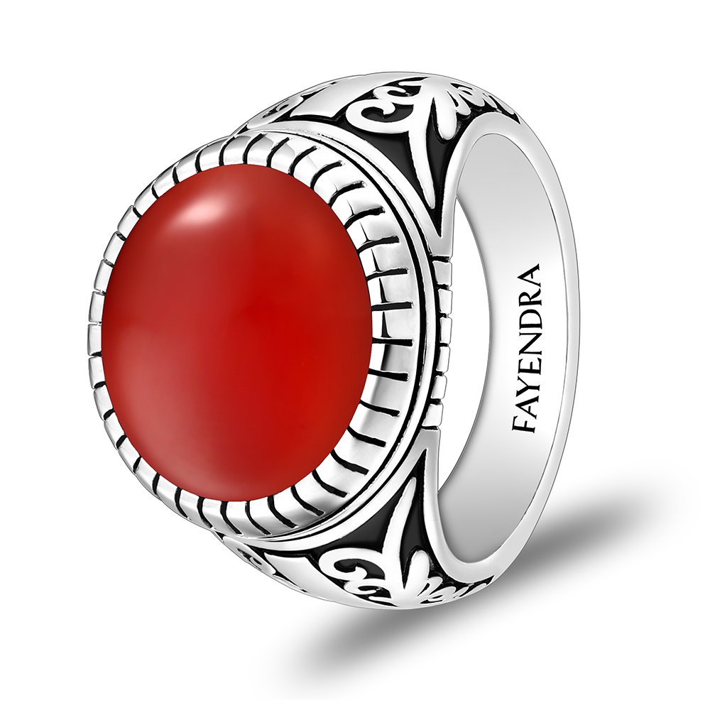 Sterling Silver 925 Ring Rhodium Plated Embedded With Red AGATE