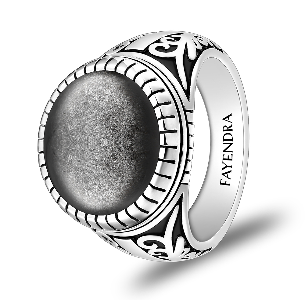 Sterling Silver 925 Ring Rhodium Plated Embedded With SILVER OBSIDIAN