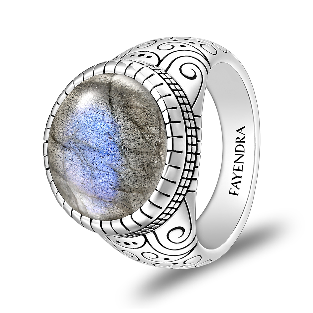 Sterling Silver 925 Ring Rhodium Plated Embedded With LABRADORITE