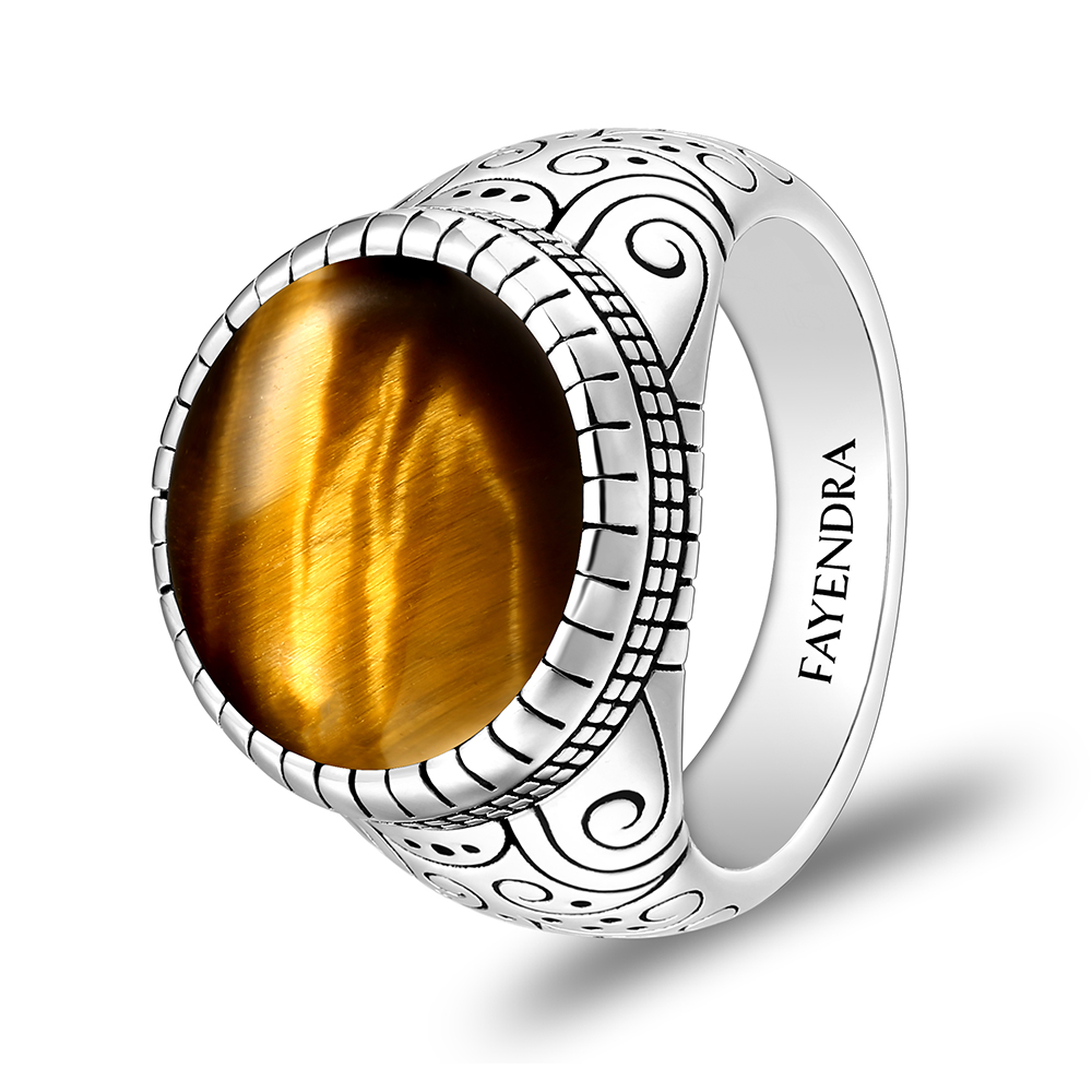 Sterling Silver 925 Ring Rhodium Plated Embedded With YELLOW TIGER EYE